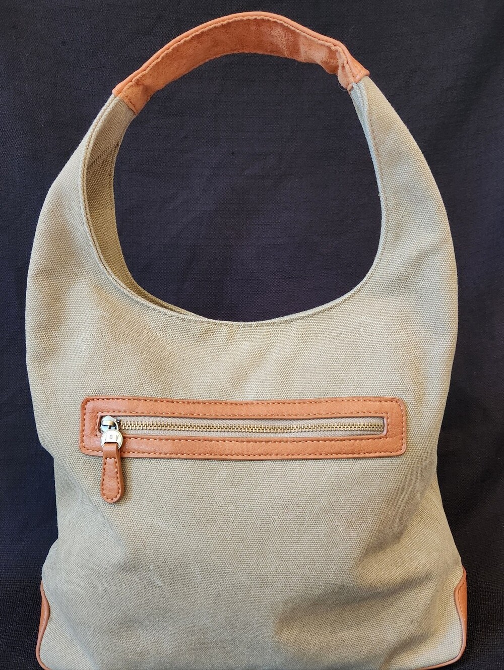 Joy Mangano Olive Green Canvas Hobo Shoulder Bag With Cognac Vegan Leather Trim